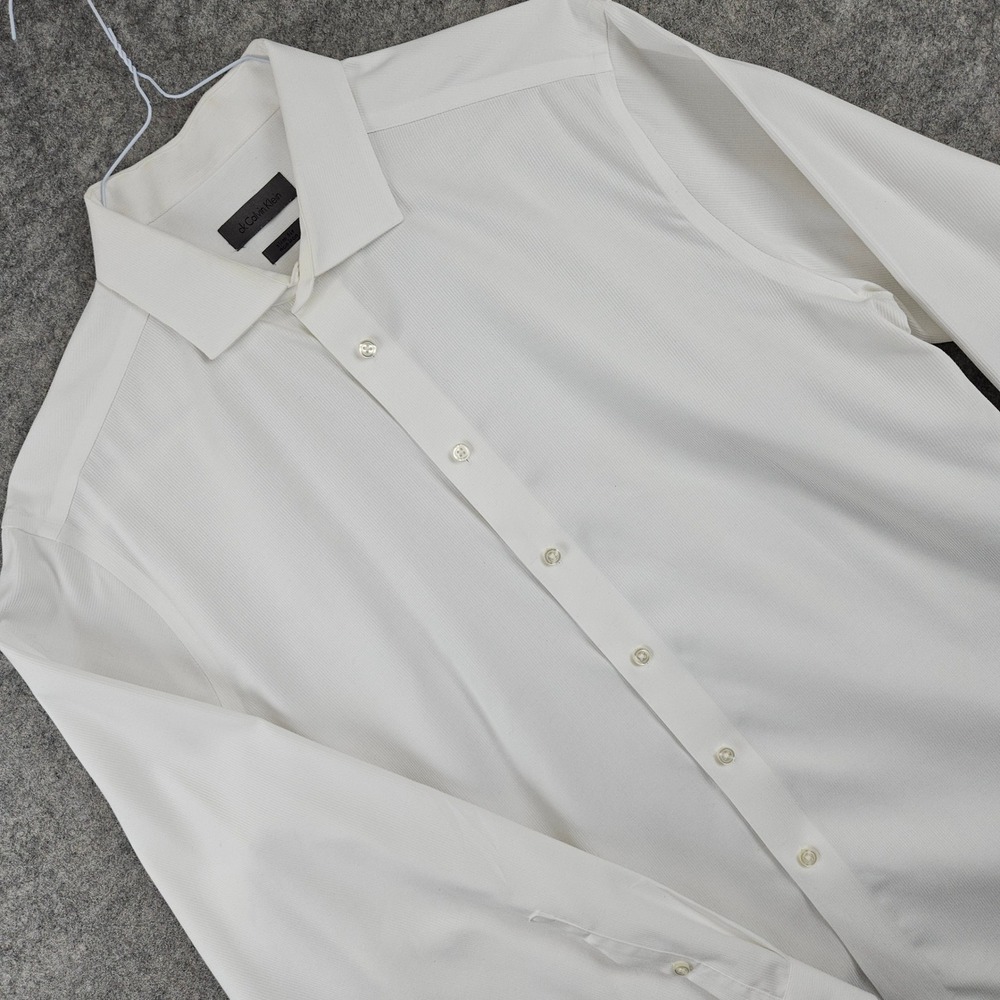 Calvin Klein Dress Shirt Men's XL 17 34-35 White Slim Fit Non Iron COLLAR STAIN